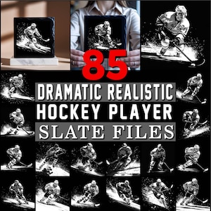 May include: Black and white slate files featuring dramatic, realistic hockey player illustrations. The number "85" is displayed in red. The text "DRAMATIC REALISTIC HOCKEY PLAYER SLATE FILES" is also present.