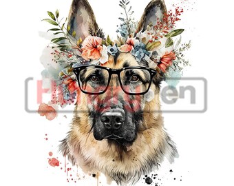 German Shepherd PNG sublimation design - geek nerd watercolor dog pet lover and florals shirt, and more instant digital downloads