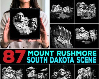 May include: A digital collection of 87 Mount Rushmore South Dakota scene slate engraving files. The images feature high-contrast black and white graphic illustrations of the monument, showcasing various angles and artistic interpretations of the faces.