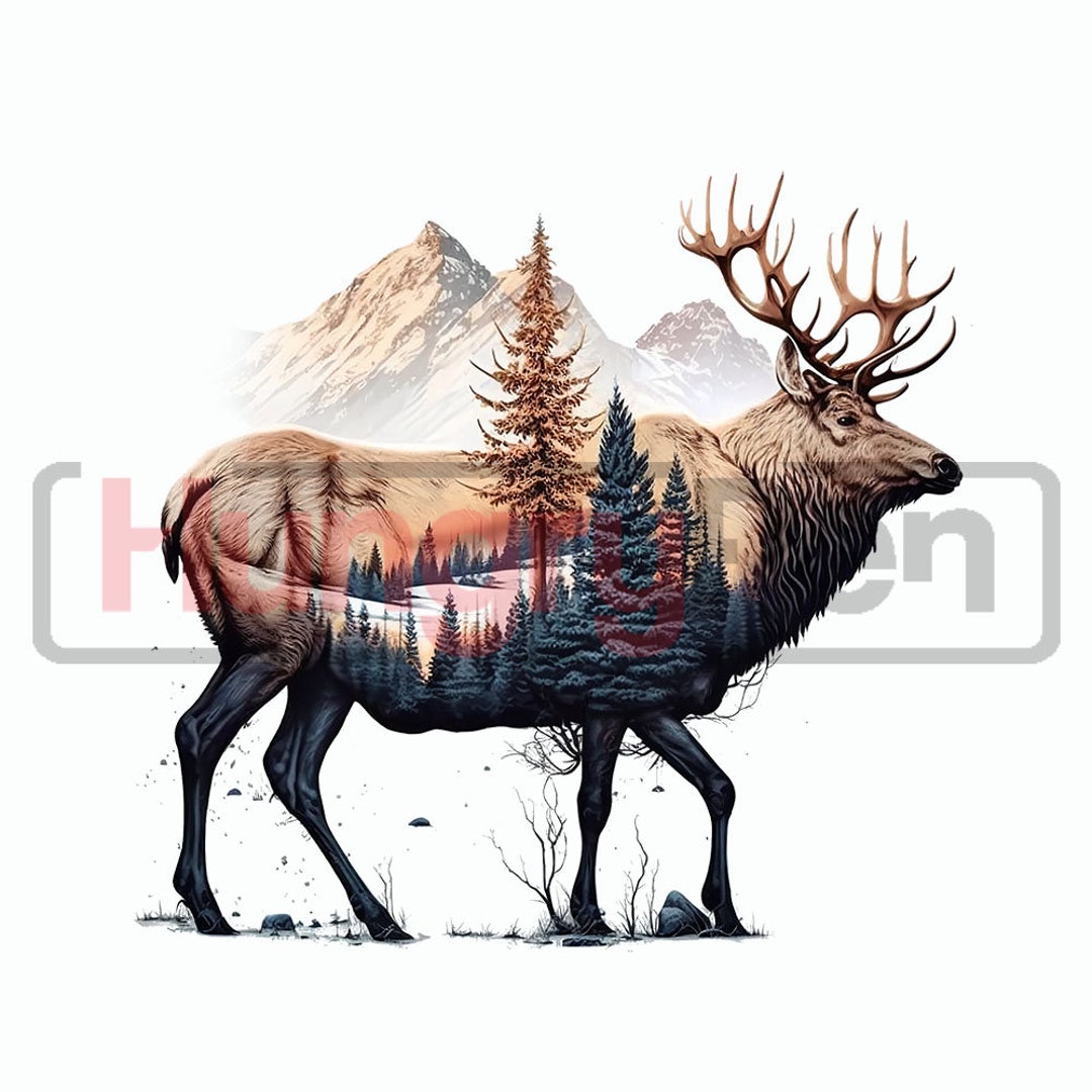 ELK PNG Sublimation Design Colorful Woody Nature With Mountains Graphic ...