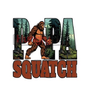 Può includere: Un design grafico marrone e verde con la parola "PAPA SQUATCH" in lettere marroni. Un Bigfoot dei cartoni animati cammina davanti alla parola "PAPA".