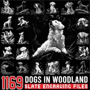 以下が含まれることがあります： 森の中にいる様々な犬種を描いた白黒のデジタルアート。画像には「1169 DOGS IN WOODLAND SLATE ENGRAVING FILES」というテキストが含まれています。犬たちは詳細で芸術的なスタイルで描かれています。