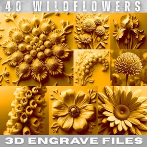 Könnte beinhalten: Eine Collage von neun goldgelben Wildblumen-Designs. Der Text oben lautet "40 WILDFLOWERS" und unten "3D ENGRAVE FILES". Die Designs umfassen verschiedene Blumenarten, wie Gänseblümchen, Iris und Sonnenblumen.