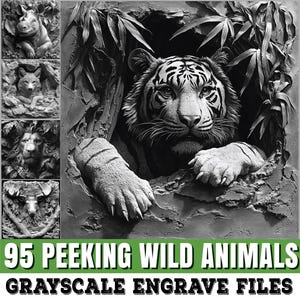 Puede incluir: Imágenes en escala de grises de animales salvajes, incluyendo un tigre, rinoceronte, zorro, león y ciervo. El tigre es el punto focal, emergiendo de una pared de piedra. El texto en la parte inferior dice "95 Peeking Wild Animals Grayscale Engrave Files."