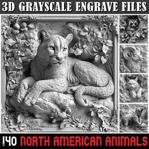 3D Illusion Gravierdateien Nordamerikanische Tiere in wilden Landschaften für CNC Carving, Laser Relief, Greyscale Tiefenkarten Kunst Designs