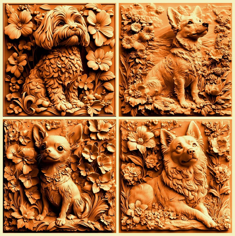 May include: Four square panels featuring detailed relief sculptures of dogs amidst floral arrangements. The dogs, including a Shih Tzu, Corgi, and Chihuahua, are rendered in a warm, earthy tone, with intricate textures and lifelike poses. The floral elements add a decorative touch.