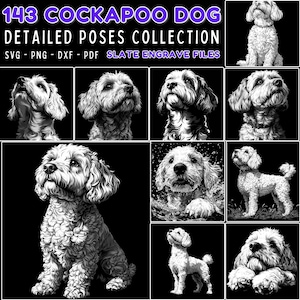 May include: Collection of detailed Cockapoo dog poses in black and white. The image includes various poses, such as sitting, standing, and looking up. Text at the top reads "143 Cockapoo Dog Detailed Poses Collection". Formats include SVG, PNG, DXF, PDF, and Slate Engrave Files.