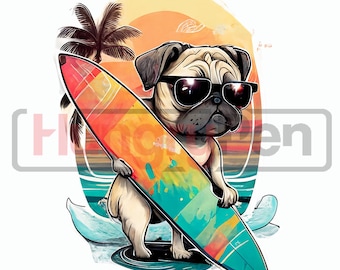 Surfing Pug PNG Sublimation Design - Cool Sunglasses Summer Theme for Shirts, Mugs & More Instant Download