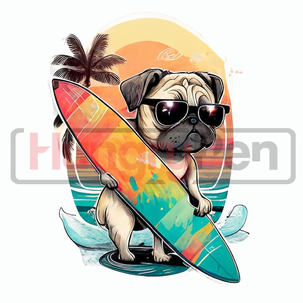 Pug PNG sublimation design - surfing wearing cool sunglass summer theme shirt, mugs sublimation and more instant digital downloads