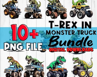 T-rex dinosaur riding monster truck PNG bundle for sublimation design - high quality instant download