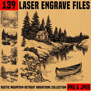 Lasergravurebestanden bundel rustieke bergretraites | ontwerpen onderzetters | hut bos scènekunst | direct downloaden | commercieel gebruik: