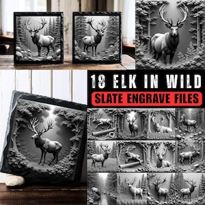 Könnte beinhalten: Schwarz-Weiß-Schiefergravuren mit Elchen in einer Waldlandschaft. Das Bild zeigt zwei gerahmte Schieferstücke und eine Sammlung von 18 Elchmotiven. Der Text "18 ELK IN WILD SLATE ENGRAVE FILES" ist ebenfalls sichtbar.