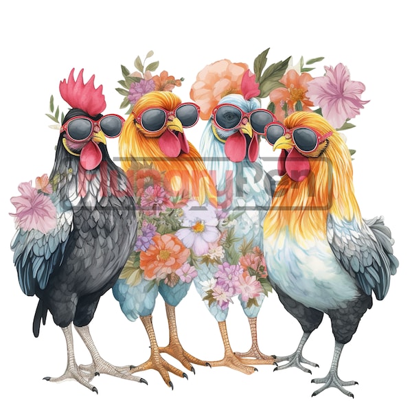 Chicken printable high quality sublimation design- group of chickens wearing sunglass's Hawaiian theme instant digital downloads