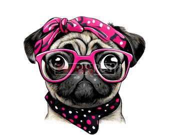 Cute PUG PNG sublimation design - pug face wearing a cute bandana and eyeglass shirt, mugs sublimation and more instant digital downloads