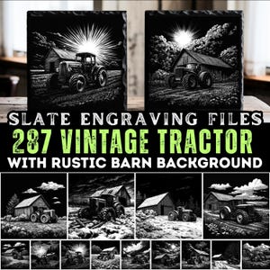 Leisteengravurebestanden vintage tractor met rustieke schuur als achtergrond | onderzetterbestanden bundelen | direct downloaden | commercieel gebruik: