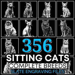 以下が含まれることがあります： 356種類の猫の座っているイラストのデジタルダウンロード。すべての品種が含まれています。これらの白黒の画像は、スレートの彫刻プロジェクトに最適です。