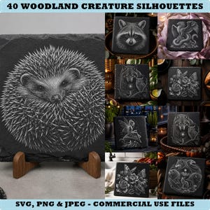May include: A digital collection titled 40 WOODLAND CREATURE SILHOUETTES featuring various square slate-like tiles. Each tile displays detailed white line art of animals including a hedgehog, raccoon, wolf, owl, and butterfly on a black background.