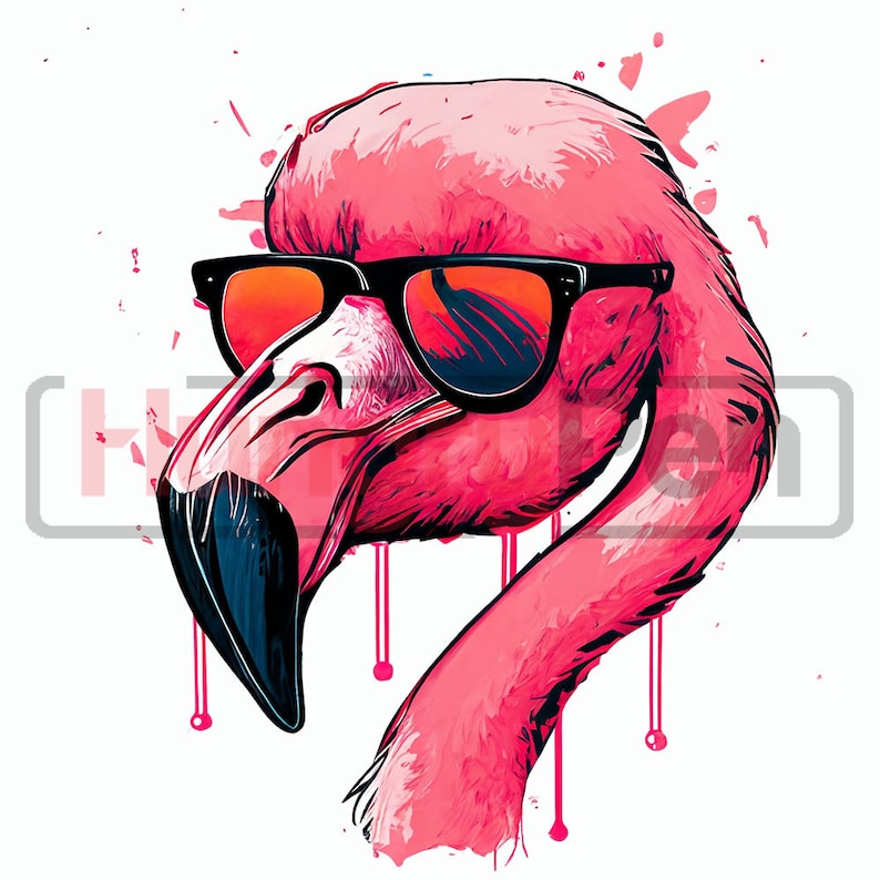May include: A vibrant illustration of a flamingo wearing black sunglasses with orange lenses. The flamingo is primarily pink with a black beak and neck. Pink paint splatters and drips add a stylish touch to the design, set against a white background.