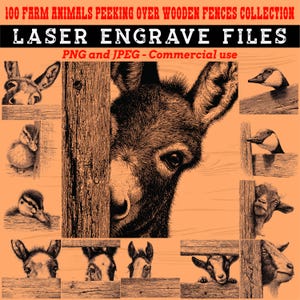 Puede incluir: Ilustración digital de animales de granja asomándose por encima de vallas de madera. La imagen incluye un burro, patos, gansos y cabras. El texto dice "100 FARM ANIMALS PEEKING OVER WOODEN FENCES COLLECTION" y "LASER ENGRAVE FILES".
