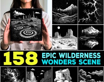 May include: A digital collection of 158 slate engraving files titled SLATE ENGRAVING FILES and 158 EPIC WILDERNESS WONDERS SCENE. The image displays various black and white illustrations of landscapes, including mountains, lightning, deserts, and rock formations.