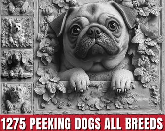 Slate engrave files 3D Illusion Peeking Dog heads complete breeds, Laser Ready PNG Files for Engraving, CNC, Lightburn, digital downloads