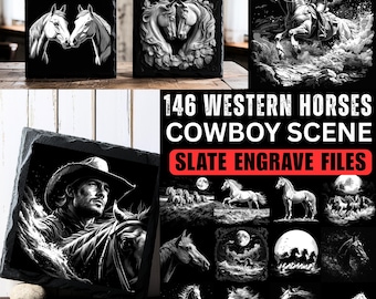 Slate engraving files Western horses and cowboy scene collection | rustic bundle coaster files | instant download | commercial use