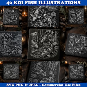 Könnte beinhalten: Eine Sammlung von 40 Koi-Fisch-Illustrationen auf quadratischen dunklen Schieferplatten. Jede Platte zeigt detaillierte weiße Strichzeichnungen von Koi-Fischen, die in Teichen mit Lotusblumen, Bambus und Steinlaternen schwimmen. Der Text 40 KOI FISH ILLUSTRATIONS und SVG PNG & JPEG - Commercial Use Files ist sichtbar.