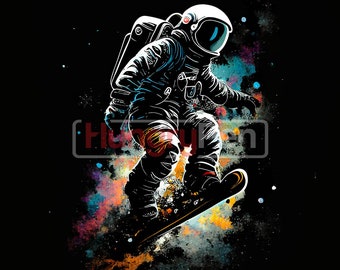 Astronaut PNG sublimation design  snowboarding in space cool graphic artwork colorful theme instant digital downloads