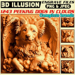 3D-illusie-gravurebestanden Honden gluren in de wolk herdenkingsthema CNC-dieptekaart lasergravure huisdier | direct downloaden | Commercieel gebruik
