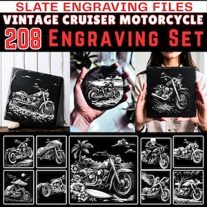 Leisteengravurebestanden vintage cruiser motorfiets gravure set | onderzetterbestanden bundelen | direct downloaden | kunstontwerpen voor commercieel gebruik