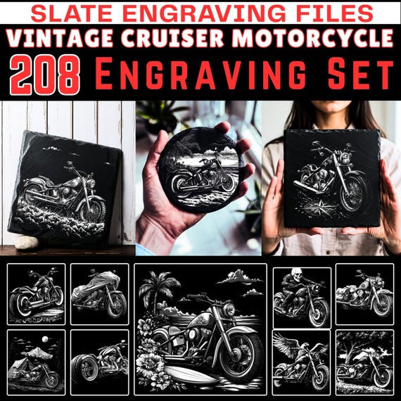 Slate engraving files vintage cruiser motorcycle engraving set | bundle coaster files | instant download | commercial use art designs