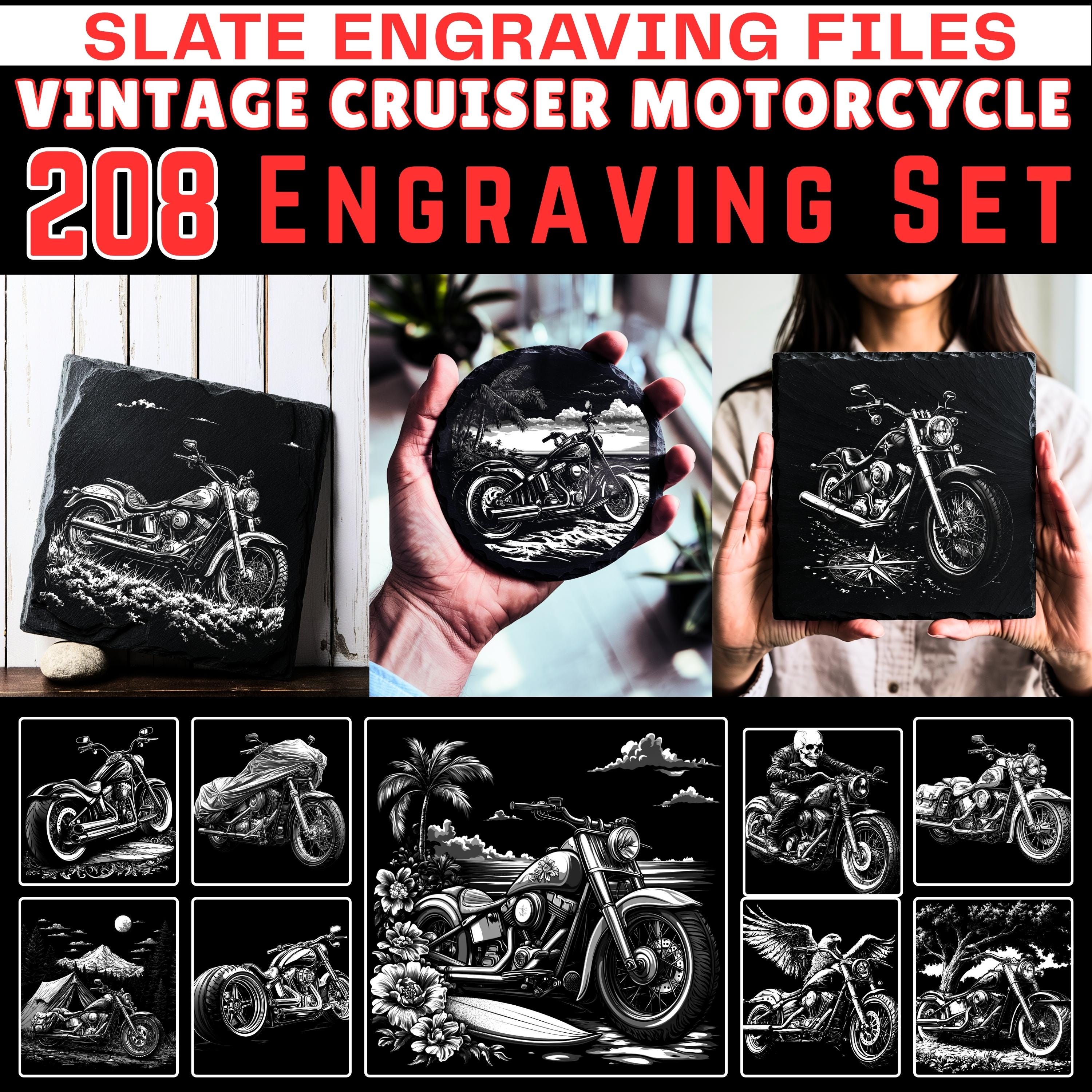 Slate engraving files vintage cruiser motorcycle engraving set | bundle coaster files | instant download | commercial use art designs