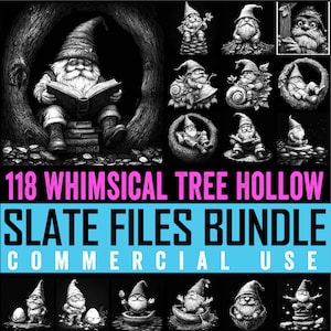 May include: Black and white illustrations of whimsical gnomes in various poses. One gnome reads a book in a tree hollow. The image includes the text "118 WHIMSICAL TREE HOLLOW SLATE FILES BUNDLE COMMERCIAL USE."