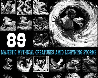 May include: A black and white digital art print featuring 89 majestic mythical creatures amid lightning storms. The image includes illustrations of an eagle, dragons, a wolf, unicorns, an octopus, a man in a storm, a mermaid, a bull, a hawk, snakes, deer, and lions.