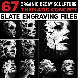 Könnte beinhalten: Eine digitale Kunstkomposition mit neun Graustufenbildern von menschlichen Gesichtern und Schädeln mit einem Thema des organischen Zerfalls. Der Text oben lautet "67 ORGANIC DECAY SCULPTURE THEMATIC CONCEPT SLATE ENGRAVING FILES."