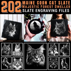 Fichiers de gravure sur ardoise Maine Coon Cat Gravure sur ardoise majestueux habitant de la forêt Graphic Bundle | paquet de fichiers de montagnes russes | téléchargement immédiat |