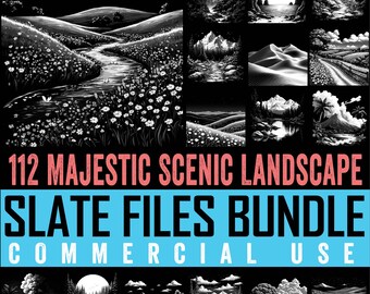 May include: A black and white digital art bundle featuring 112 majestic scenic landscapes. The images include various natural scenes such as mountains, rivers, and fields. The text reads "112 MAJESTIC SCENIC LANDSCAPE SLATE FILES BUNDLE COMMERCIAL USE."