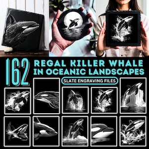 May include: A set of 12 digital files for slate engraving featuring a killer whale in various oceanic landscapes. The files are perfect for creating unique and personalized gifts or home decor.