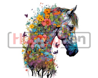 Pferd PNG Sublimation Design - Pferd gemischt mit bunten Garten Shirt, Tassen Sublimation und weitere sofortige digitale Downloads