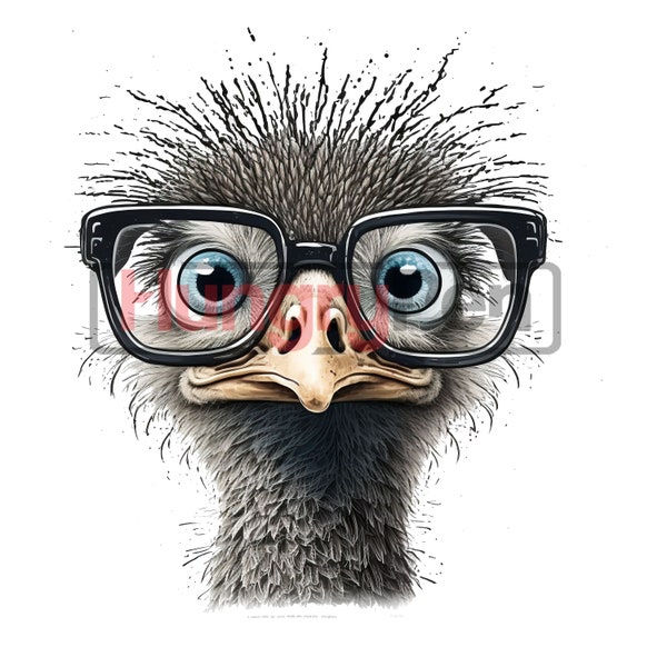 Ostrich PNG printable high quality sublimation design- funny nerd face of an ostrich wearing eyeglass instant digital downloads