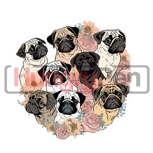 Pug PNG sublimation design - pug dog artsy floral concept art shirt, mugs sublimation and more instant digital downloads