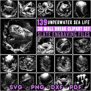 Leisteengravurebestanden Underwater Sea Life 3D wall break clipart set bundel onderzetterbestanden | direct downloaden | Commercieel gebruik