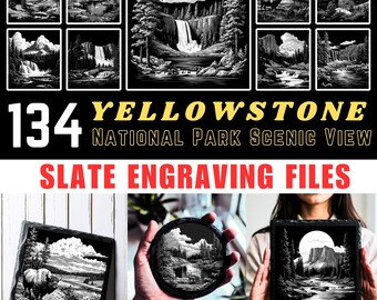 May include: A collection of black and white Yellowstone National Park scenic view slate engraving files. The image includes multiple landscape illustrations, and examples of engraved slate coasters and plaques.