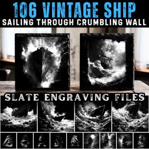Puede incluir: Dos grabados en pizarra en blanco y negro de barcos vintage navegando por mares tormentosos. La imagen superior muestra un barco navegando a través de una pared que se derrumba. La imagen inferior muestra un primer plano de la proa del barco. El texto "106 Vintage Ship Sailing Through Crumbling Wall" está en la parte superior de la imagen. El texto "Slate Engraving Files" está en la parte inferior de la imagen.