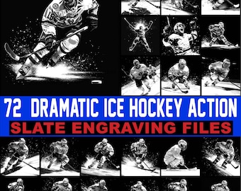 May include: A collection of black and white illustrations depicting ice hockey action. The image features the text "72 DRAMATIC ICE HOCKEY ACTION SLATE ENGRAVING FILES". The illustrations show hockey players in dynamic poses.