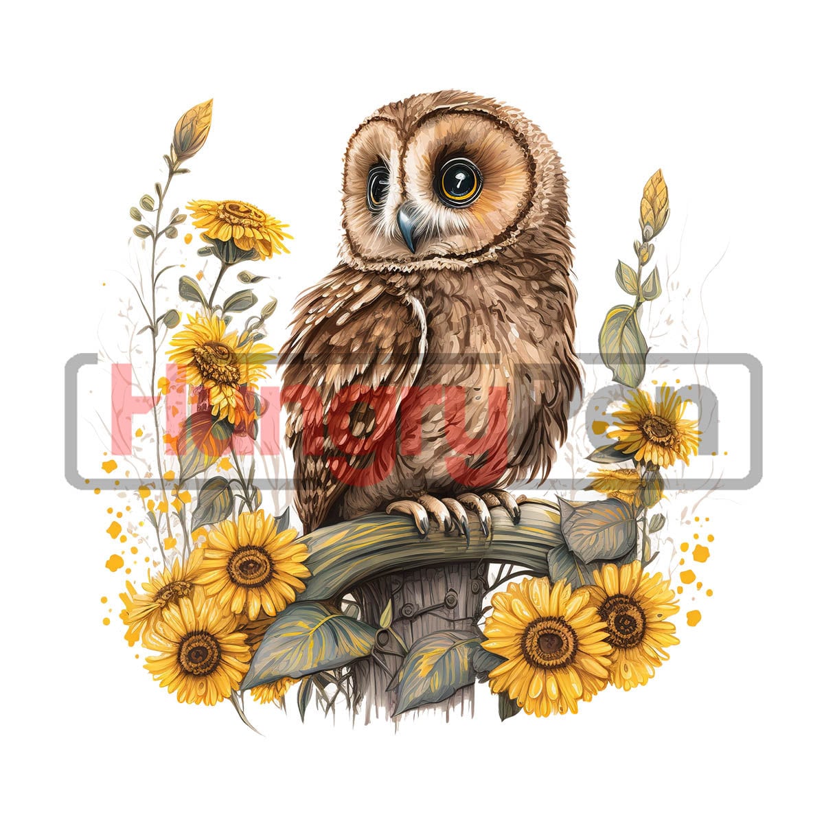 Tawny Owl woodland animals PNG sublimation design or Clipart - with sunflowers instant digital downl