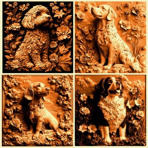 May include: Four panels of sepia-toned dog portraits with floral backgrounds. The dogs are sculpted in relief, showcasing breeds like a poodle, golden retriever, dachshund, and a black and white spaniel. The artwork has a vintage, artistic feel.