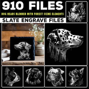 Peut inclure: Ensemble de fichiers numériques présentant des portraits de chiens fusionnés avec des éléments de scènes forestières. L'image présente diverses races de chiens en noir et blanc, dont un dalmatien, un bouledogue français, etc. Le texte en haut indique "910 FILES" et "SLATE ENGRAVE FILES".