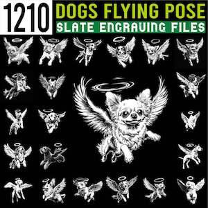 Könnte beinhalten: Schwarz-Weiß-Illustrationen verschiedener Hunderassen mit Engelsflügeln und Heiligenscheinen in einer Flugpose. Der Text "1210 DOGS FLYING POSE SLATE ENGRAVING FILES" ist ebenfalls enthalten.