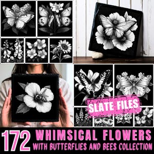 May include: A collection of black and white floral and butterfly designs. The designs include butterflies, flowers, and bees. The text in the image reads "172 Whimsical Flowers with Butterflies and Bees Collection" and "Slate Files".